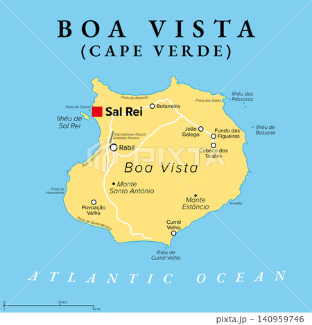 Boa Vista, an island in Cape Verde (Cabo Verde), political map. Desert-like island in the Atlantic, nicknamed Ilha das Dunas, with capital Sal Rei. Known for its white sand beaches and turtles. Vector Boa Vista, an island in Cape Verde (Cabo Verde), political map. Desert-like island in the Atlantic, nicknamed Ilha das Dunas, with capital Sal Rei. Known for its white sand beaches and turtles. Vector 140959746
