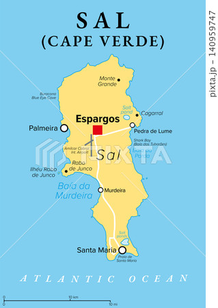 Sal, an island in Cape Verde (Cabo Verde), political map, with capital and largest settlement Espargos. Sandy island in the Atlantic Ocean, mainly known for its white sand beaches and turtles. Vector Sal, an island in Cape Verde (Cabo Verde), political map, with capital and largest settlement Espargos. Sandy island in the Atlantic Ocean, mainly known for its white sand beaches and turtles. Vector 140959747