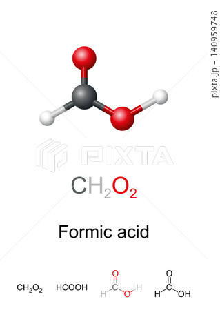 Formic acid, HCOOH, molecule model and chemical structure. Ball-and-stick model of methanoic acid, an important intermediate in chemical synthesis naturally occurring most notably in some ants. Vector Formic acid, HCOOH, molecule model and chemical structure. Ball-and-stick model of methanoic acid, an important intermediate in chemical synthesis naturally occurring most notably in some ants. Vector 140959748