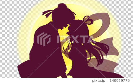 Image of Orihime and Hikoboshi facing each other, on the moon in silhouette. 140959779