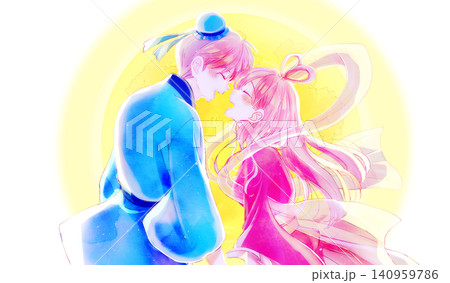 向かい合う織姫と彦星イメージ 月 向かい合う織姫と彦星イメージ 月 140959786