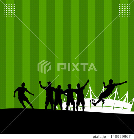 Football Player Silhouettes on Soccer Field Background with Stadium Scene Football Player Silhouettes on Soccer Field Background with Stadium Scene 140959967