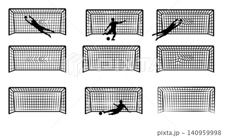 Soccer Goal and Goalkeeper Silhouette Set with Football Goal Net Collection 140959998