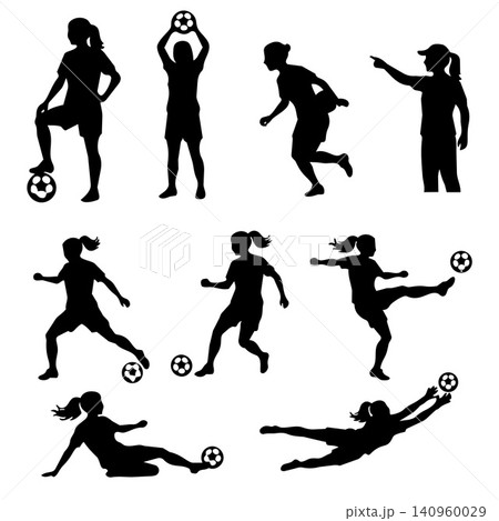 Women Football Player Silhouette Collection with Soccer Action Poses Set Women Football Player Silhouette Collection with Soccer Action Poses Set 140960029