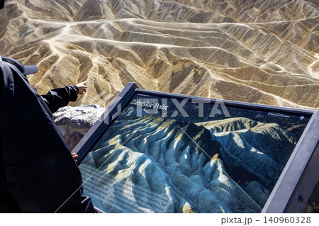 Visitors at Zabriskie Point Sign in Death Valley California Visitors at Zabriskie Point Sign in Death Valley California 140960328