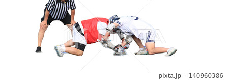 Two lacrosse players facing off for the ball with the official watching during a lacrosse game Two lacrosse players facing off for the ball with the official watching during a lacrosse game 140960386