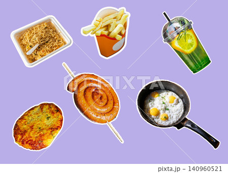 Various fast food items including noodles, fries, pizza, and a cinnamon roll alongside a close-up of a person's midsection against a purple background Various fast food items including noodles, fries, pizza, and a cinnamon roll alongside a close-up of a person's midsection against a purple background 140960521