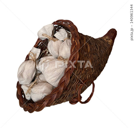 Wicker Cornucopia Basket with Linen Sacks 140961344