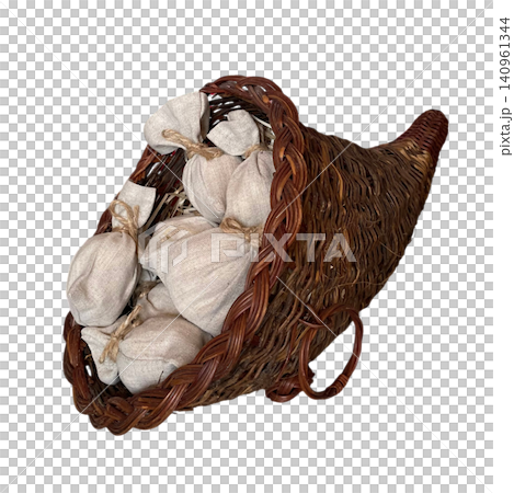Wicker Cornucopia Basket with Linen Sacks 140961344