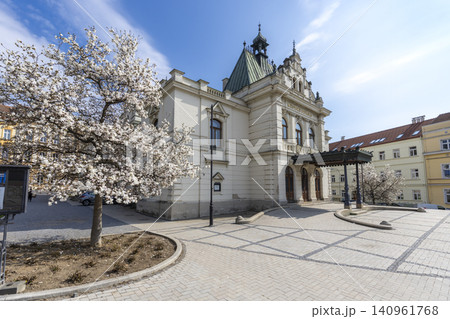 Mestske Divadlo Prostejov with blooming magnolia tree 140961768