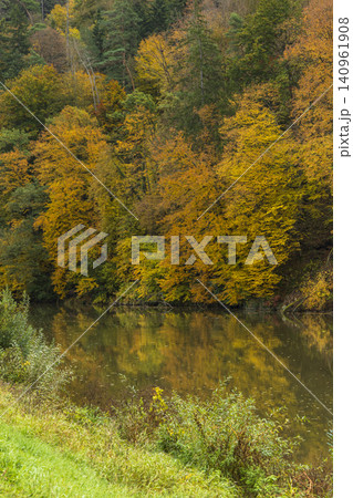 Autumn trees reflecting in calm forest river water Autumn trees reflecting in calm forest river water 140961908