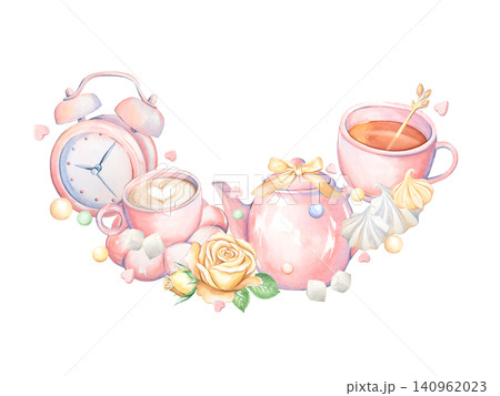 A watercolor border with a tea and coffee theme. The alarm clock, meringue, and pink teapot are hand-drawn. Kitchenware. A coquette-style tea mug. Suitable for design, print, and menus. A watercolor border with a tea and coffee theme. The alarm clock, meringue, and pink teapot are hand-drawn. Kitchenware. A coquette-style tea mug. Suitable for design, print, and menus. 140962023
