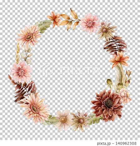 Autumn flower Wreath Fall plants Dahlia Chrysanthemum Gerbera. Watercolor hand drawn floral illustration isolated on white background wedding home textile cosmetic package porcelain crockery template Autumn flower Wreath Fall plants Dahlia Chrysanthemum Gerbera. Watercolor hand drawn floral illustration isolated on white background wedding home textile cosmetic package porcelain crockery template 140962308