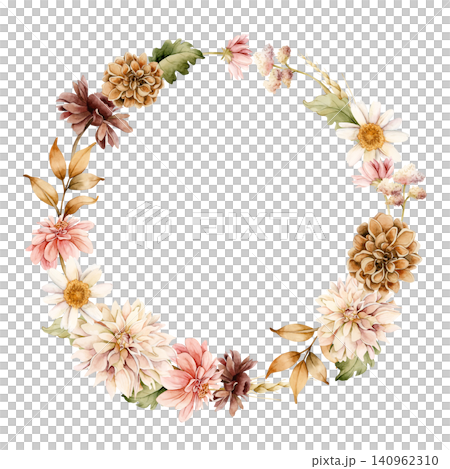 Autumn flowers Wreath. Fall plants Dahlia Chrysanthemum Daisy. Watercolor hand drawn floral illustration isolated on white background wedding home textile cosmetic package porcelain crockery template Autumn flowers Wreath. Fall plants Dahlia Chrysanthemum Daisy. Watercolor hand drawn floral illustration isolated on white background wedding home textile cosmetic package porcelain crockery template 140962310