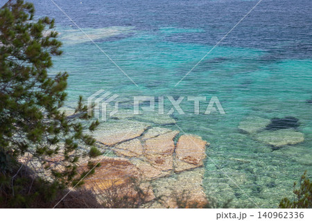 Clear turquoise water with visible rocks and shoreline vegetation along a coastal area under a bright sky Clear turquoise water with visible rocks and shoreline vegetation along a coastal area under a bright sky 140962336