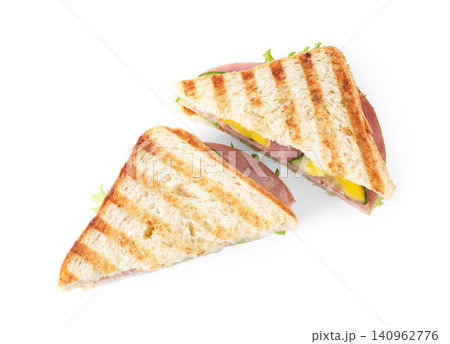 Tasty sandwich with ham on white background, top view Tasty sandwich with ham on white background, top view 140962776