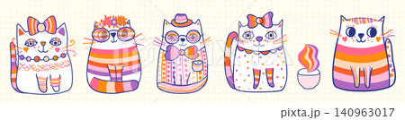 Cute doodle hand drawn vector cats, colorful animal illustration set for children apparel and nursery design 140963017