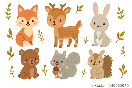 Forest animal cartoon with cute vector nature and bear illustration set. Bird baby isolated with woodland forest flat and design fox deer. Rabbit fox forest with animals squirrel cute Forest animal cartoon with cute vector nature and bear illustration set. Bird baby isolated with woodland forest flat and design fox deer. Rabbit fox forest with animals squirrel cute 140963070