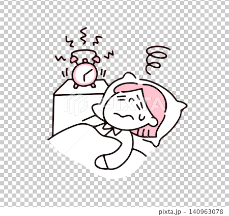 An illustration of a woman whose alarm clock is ringing but who can't get up. 140963078