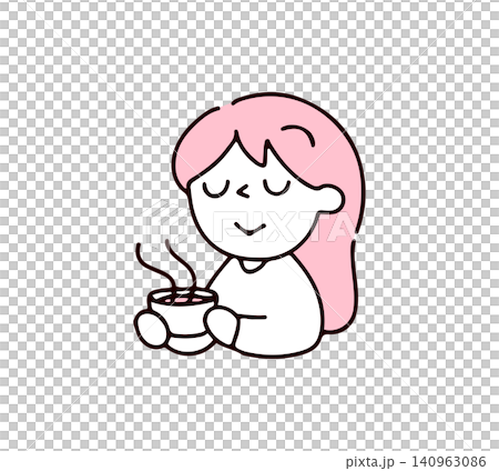 一幅描繪女子放鬆地飲用熱飲的插圖。 一幅描繪女子放鬆地飲用熱飲的插圖。 140963086