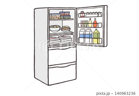 上の扉が開いた冷蔵庫のベクターイラスト 食材が入った中身が見える冷蔵庫の線画イラスト 上の扉が開いた冷蔵庫のベクターイラスト 食材が入った中身が見える冷蔵庫の線画イラスト 140963236