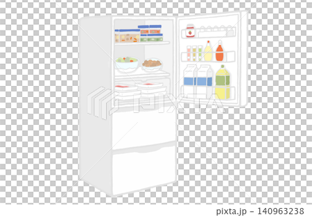 Vector illustration of a refrigerator with the top door open; an illustration of a refrigerator where the contents containing food are visible. Vector illustration of a refrigerator with the top door open; an illustration of a refrigerator where the contents containing food are visible. 140963238
