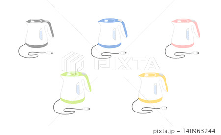 kettle4電気ケトルとコンセントプラグのカラーイラストセット 家電 6色カラーバリエーション 140963244