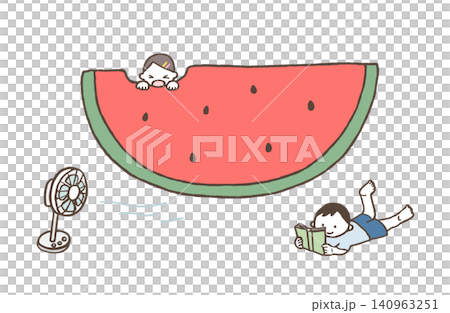 一幅線條畫,描繪了一個女孩在吃西瓜,一個男孩在風扇下乘涼。夏季主題插畫。 一幅線條畫,描繪了一個女孩在吃西瓜,一個男孩在風扇下乘涼。夏季主題插畫。 140963251