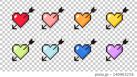 Colorful heart pixel art illustration set: Heart with arrow, Cupid's arrow Colorful heart pixel art illustration set: Heart with arrow, Cupid's arrow 140963258