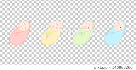 Vector illustration of a baby wrapped in a swaddle; a set of colorful swaddled baby illustrations. Vector illustration of a baby wrapped in a swaddle; a set of colorful swaddled baby illustrations. 140963260