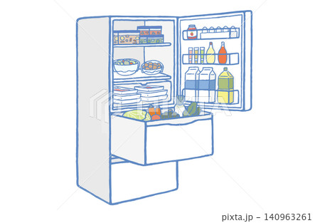 上の扉と下の引き出しが開いた青い冷蔵庫のベクターイラスト 食材が入った中身が見えるブルーの線の冷蔵庫 上の扉と下の引き出しが開いた青い冷蔵庫のベクターイラスト 食材が入った中身が見えるブルーの線の冷蔵庫 140963261