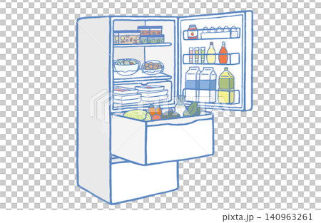 Vector illustration of a blue refrigerator with the top door and bottom drawer open; the contents of the refrigerator, filled with food, are visible through the blue outlines. Vector illustration of a blue refrigerator with the top door and bottom drawer open; the contents of the refrigerator, filled with food, are visible through the blue outlines. 140963261