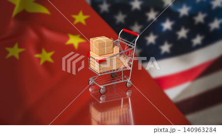 Shopping Cart Parcels Between China And America Trade Flags 3d render. Shopping Cart Parcels Between China And America Trade Flags 3d render. 140963284