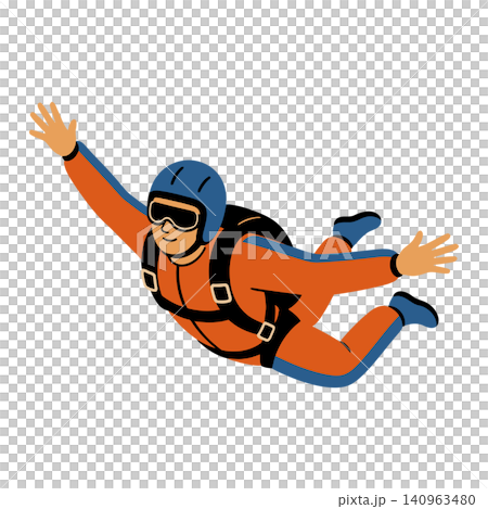 Skydiver in orange jumpsuit and blue helmet flat vector illustration for sports and adventure Skydiver in orange jumpsuit and blue helmet flat vector illustration for sports and adventure 140963480