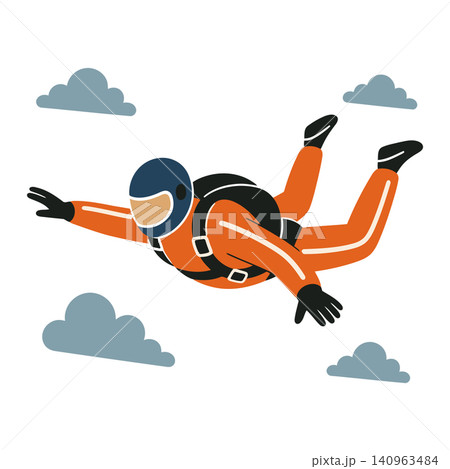 Skydiver in orange jumpsuit flat vector illustration for adventure and sports editorial Skydiver in orange jumpsuit flat vector illustration for adventure and sports editorial 140963484