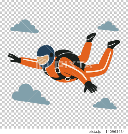 Skydiver in orange jumpsuit flat vector illustration for adventure and sports editorial 140963484