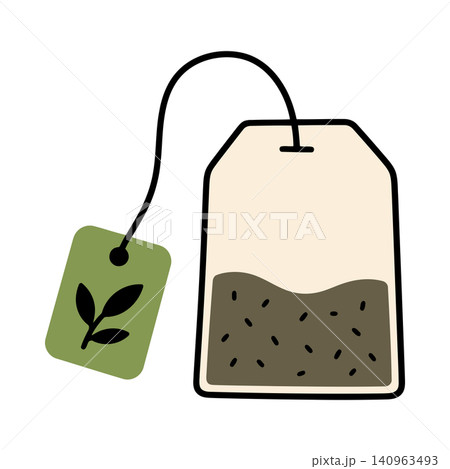Tea bag with green tag flat vector illustration for food packaging Tea bag with green tag flat vector illustration for food packaging 140963493