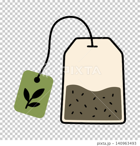 Tea bag with green tag flat vector illustration for food packaging Tea bag with green tag flat vector illustration for food packaging 140963493
