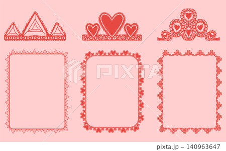Lace frame edge for border scallop heart and trim circle square. Oval antique pattern for wavy brush lace and ruffle decorative drawn. Lace red stripe for border frill frame and scallop ribbon floral 140963647