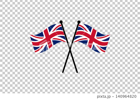 Two crossed Union Jack flags wave on black poles symbolizing British patriotism, national identity, celebration and unity for design and patriotic projects Two crossed Union Jack flags wave on black poles symbolizing British patriotism, national identity, celebration and unity for design and patriotic projects 140964820