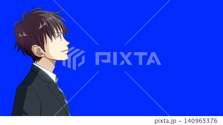 視線を上に向ける男子学生または社会人の横顔右向きアニメ風イラスト、右に余白 140965376