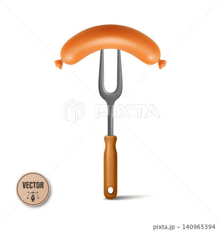 Vector 3d Sausage on Fork with Wooden Handle. Grilled Sausage Illustration. Barbecue Sausage Vector Isolated for BBQ Menu, Oktoberfest Design, Food Packaging, Butcher Labels, Cooking Concept Vector 3d Sausage on Fork with Wooden Handle. Grilled Sausage Illustration. Barbecue Sausage Vector Isolated for BBQ Menu, Oktoberfest Design, Food Packaging, Butcher Labels, Cooking Concept 140965394