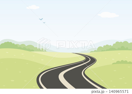 Winding Road Landscape, Cartoon Vector Illustration. Scenic Highway. Summer Countryside Horizontal Background. Curved Asphalt Road Perspective Winding Road Landscape, Cartoon Vector Illustration. Scenic Highway. Summer Countryside Horizontal Background. Curved Asphalt Road Perspective 140965571