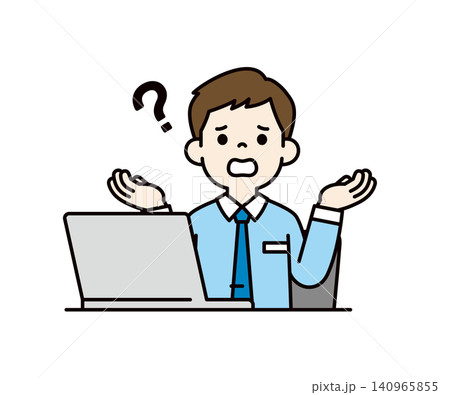 ノートパソコンの前で、困ってお手上げ状態の若い男性社員の上半身ベクターイラスト素材 ノートパソコンの前で、困ってお手上げ状態の若い男性社員の上半身ベクターイラスト素材 140965855