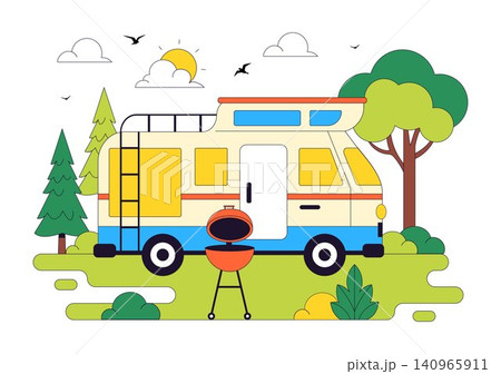 Camping Car Vector Illustration Featuring Campervan, Outdoor Adventure, Road Trip, RV Camping, Mountain Landscape, Nature Travel, and Summer Vacation Camping Car Vector Illustration Featuring Campervan, Outdoor Adventure, Road Trip, RV Camping, Mountain Landscape, Nature Travel, and Summer Vacation 140965911