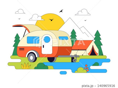 Camping Car Vector Illustration Featuring Campervan, Outdoor Adventure, Road Trip, RV Camping, Mountain Landscape, Nature Travel, and Summer Vacation Camping Car Vector Illustration Featuring Campervan, Outdoor Adventure, Road Trip, RV Camping, Mountain Landscape, Nature Travel, and Summer Vacation 140965916