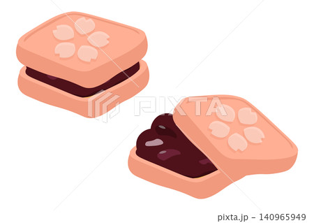 桜色の型押し角最中イラストセット_小豆餡 桜色の型押し角最中イラストセット_小豆餡 140965949