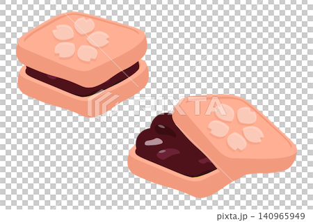 桜色の型押し角最中イラストセット_小豆餡 桜色の型押し角最中イラストセット_小豆餡 140965949