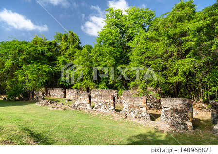 Historic stone wall ruins of Chateau Dubuc surrounded by lush green forest in Caravelle Peninsula, Martinique, a French Caribbean Island 140966821