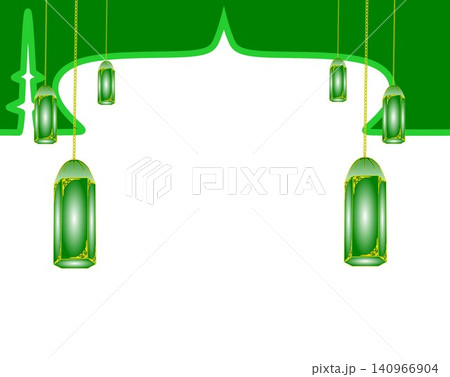 Islamic mosque dome green border with traditional hanging lanterns vector illustration 140966904